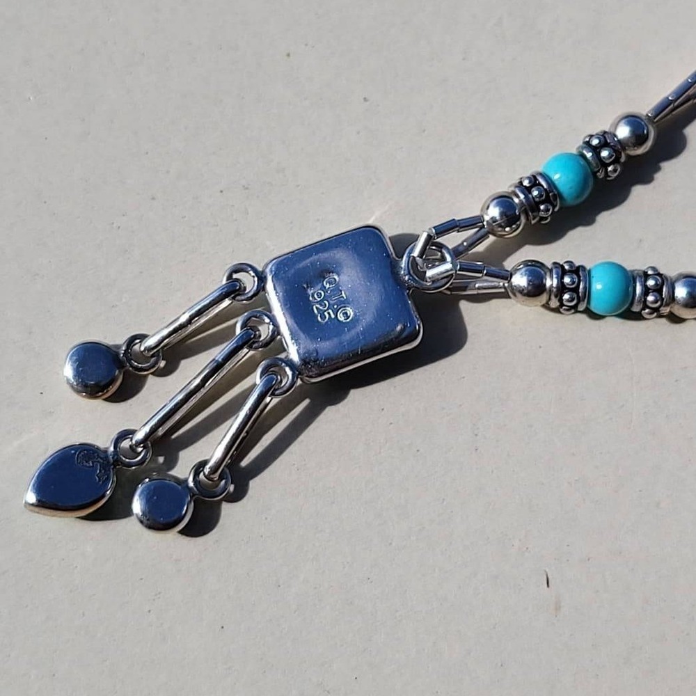 Vintage Q.T. 925 Sterling Silver Turquoise Liquid Silver Pendant Necklace - Picture 10 of 13